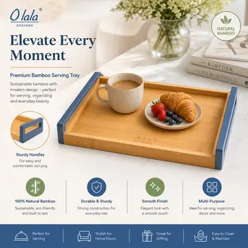 O'lala Design Premium Bamboo Serving Tray with Handles in Bamboo & Blue, view 5