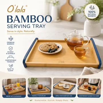 O'lala Premium Bamboo Serving Tray with Metal Handles in Bamboo & Navy, view 5