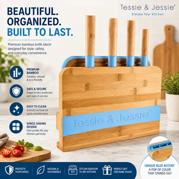 Premium Bamboo Knife Block Set with Cutting Board in Bamboo & Blue, view 5