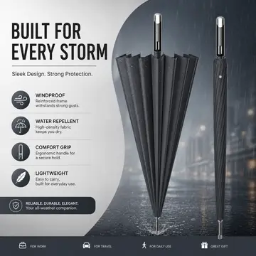 Premium 16-Rib Windproof Classic Black Stick Umbrella in Grey, view 5
