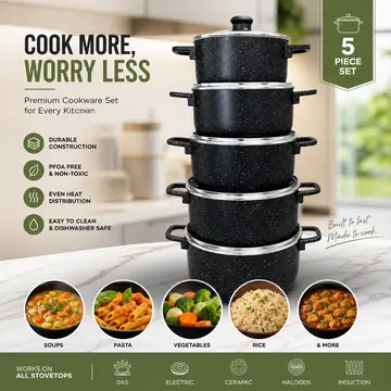 Premium Aluminum Non-Stick Cookware Set with Glass Lids in Black Granite, view 5