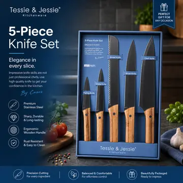 Premium 5-Piece Kitchen Knife Set with Bamboo Handles in Black & Bamboo, view 5