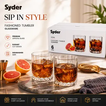 Syder 6-Piece Premium Whisky Glass Set - 300ml Edged Fashioned Tumblers in Clear Glass, view 5