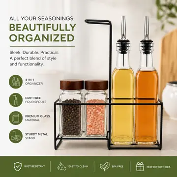 4-Piece Glass Oil & Spice Dispenser Set with Black Iron Stand in Clear Glass, view 5