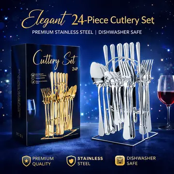 Premium 24-Piece Stainless Steel Cutlery Set with Display Stand in Silver, view 5