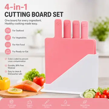 4-Piece Color-Coded Index Cutting Board Set with Storage Stand in Pink, view 5