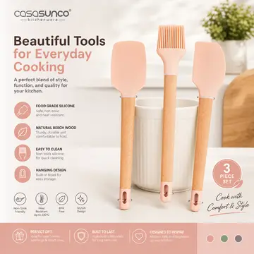 Premium 3-Piece Silicone & Wood Kitchen Utensil Set - Spatula, Scraper & Brush in Blush Pink & Wood, view 5