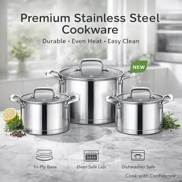 Premium 3-Piece Stainless Steel Casserole Pot Set with Amber Glass Lids in Stainless Steel, view 5