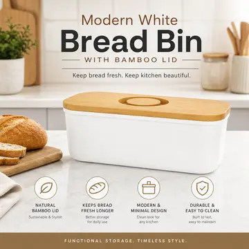 Modern White Bread Bin with Bamboo Lid in White & Bamboo, view 5
