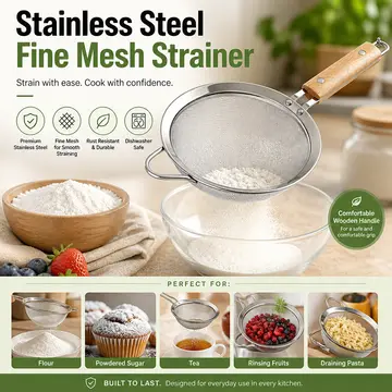 Premium Stainless Steel Fine Mesh Kitchen Strainer with Wooden Handle in Stainless Steel & Wood, view 5