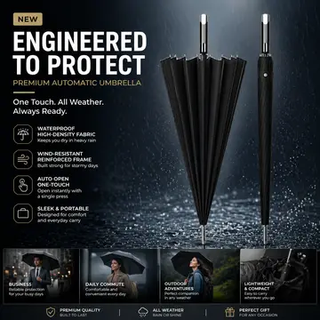 Premium 16-Rib Windproof Classic Black Stick Umbrella in Black, view 5