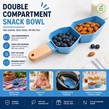 Double Compartment Snack Bowl with Wooden Handle in Blue & Wood, view 5