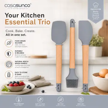 Premium 3-Piece Silicone & Wood Kitchen Utensil Set - Spatula, Scraper & Brush in Grey & Wood, view 5