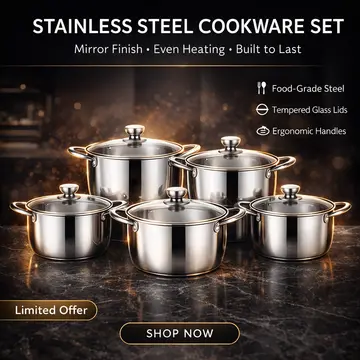 10-Piece Stainless Steel Belly Shape Cookware Pot Set with Glass Lids in Stainless Steel, view 5