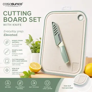 Casa Sunco Eco-Friendly Wheat Straw Cutting Board & Knife Set in Beige & Sage, view 5