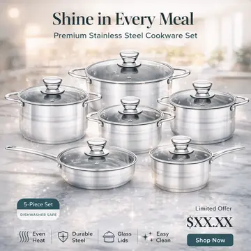 12-Piece Premium Stainless Steel Cookware Set with Glass Lids in Stainless Steel, view 5