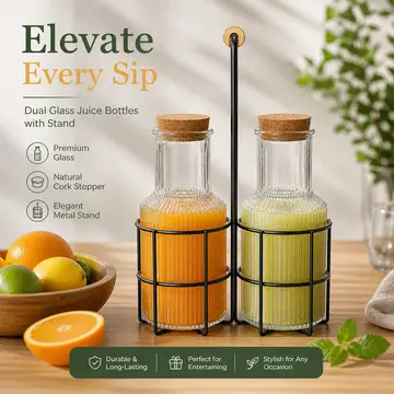 Premium 2-Piece 1000ml Glass Juice Jar Set with Black Iron Stand & Cork Lids in Clear Glass, view 5