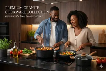 7-Piece White Granite Non-Stick Cookware Set with Wood-Effect Handles in Black Granite, view 6