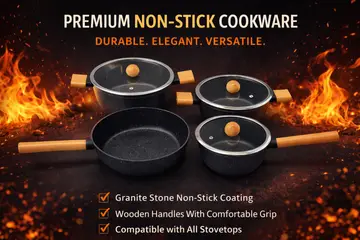 7-Piece Non-Stick Granite Cookware Set with Wooden-Style Handles in Black Granite, view 7
