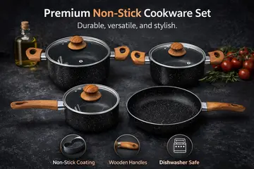 7-Piece White Granite Non-Stick Cookware Set with Wood-Effect Handles in Black Granite, view 7