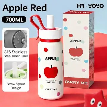 700ML Carry Me Premium Stainless Steel Water Bottle with Flip Straw & Carry Loop in Apple, view 2