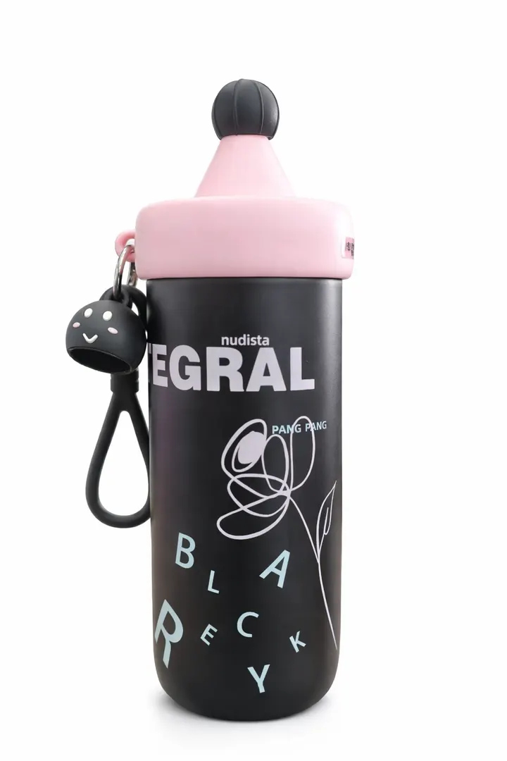 Premium 620ml Creative Stainless Steel Water Bottle with Straw & Cute Charm in Black, view 4