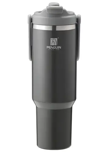 1200ml Penguin Vacuum Insulated Travel Tumbler with Handle - Hot & Cold Car Mug in Charcoal Grey, view 1
