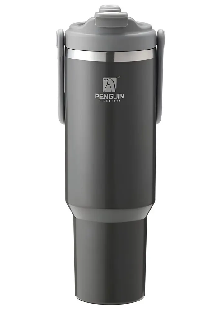 1200ml Penguin Vacuum Insulated Travel Tumbler with Handle - Hot & Cold Car Mug in Charcoal Grey, view 2