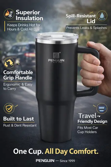 Penguin 1200ml Superior Insulated Travel Tumbler with Handle & Straw Lid in Black, view 2