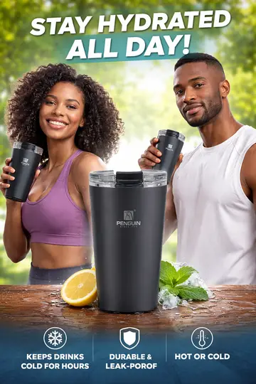 350ml Penguin Stainless Steel Thermal Travel Mug with Dual-Sip Lid in Black, view 2