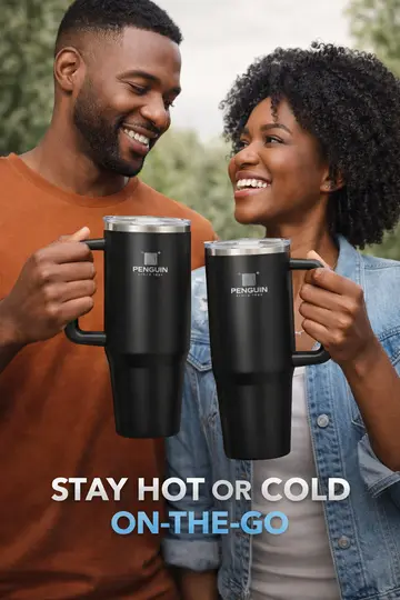 Penguin 1200ml Superior Insulated Travel Tumbler with Handle & Straw Lid in Black, view 3
