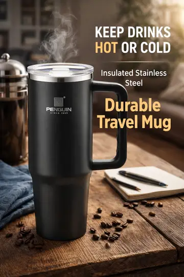 Penguin 1200ml Superior Insulated Travel Tumbler with Handle & Straw Lid in Black, view 5