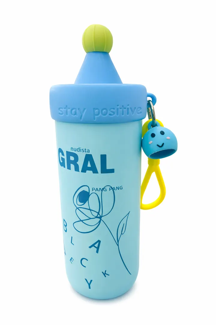Premium 620ml Creative Stainless Steel Water Bottle with Straw & Cute Charm in Blue, view 1