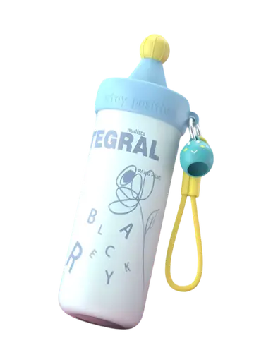 Premium 620ml Creative Stainless Steel Water Bottle with Straw & Cute Charm in Blue, view 2