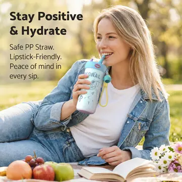 Premium 620ml Creative Stainless Steel Water Bottle with Straw & Cute Charm in Blue, view 4
