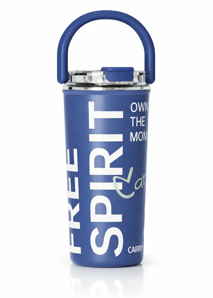 CARRY ME Premium Insulated Stainless Steel Travel Tumbler with Handle in Dark Blue, view 2