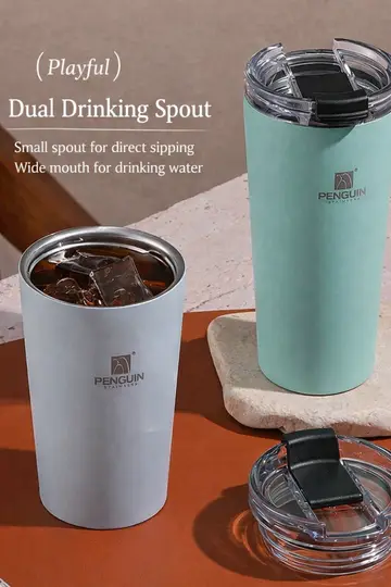 350ml Penguin Stainless Steel Thermal Travel Mug with Dual-Sip Lid in Black, view 3