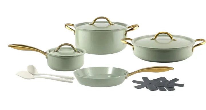 Premium Ceramic Nonstick Cookware Set with Gold Handles in Sage Green, view 1