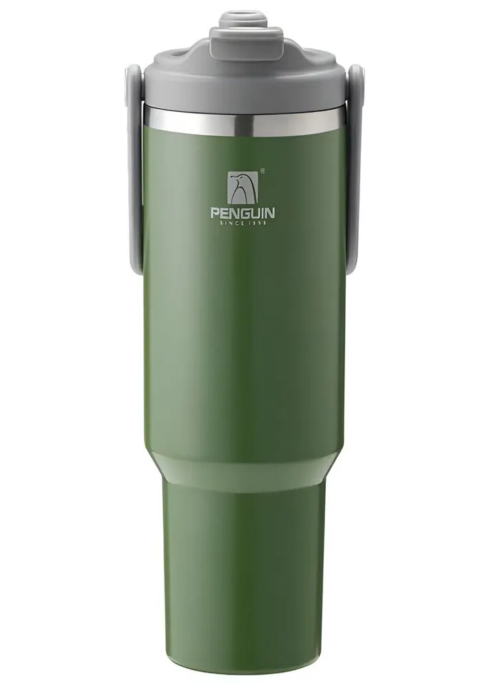 1200ml Penguin Vacuum Insulated Travel Tumbler with Handle - Hot & Cold Car Mug in Army Green, view 1