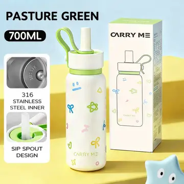 700ML Carry Me Premium Stainless Steel Water Bottle with Flip Straw & Carry Loop in Green, view 2