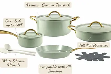 Premium Ceramic Nonstick Cookware Set with Gold Handles in Sage Green, view 2