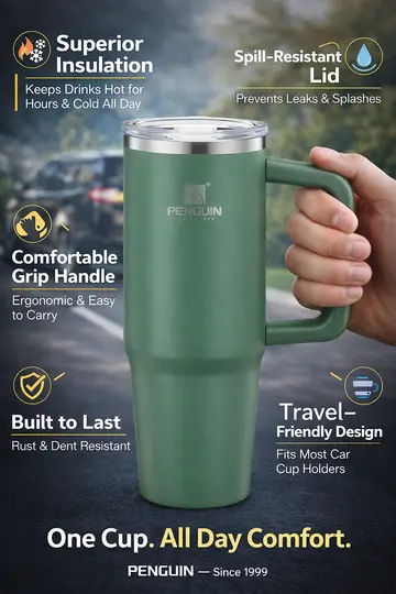 Penguin 1200ml Superior Insulated Travel Tumbler with Handle & Straw Lid in Green, view 2