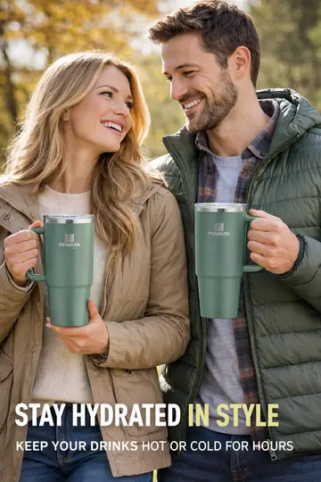 Penguin 1200ml Superior Insulated Travel Tumbler with Handle & Straw Lid in Green, view 4