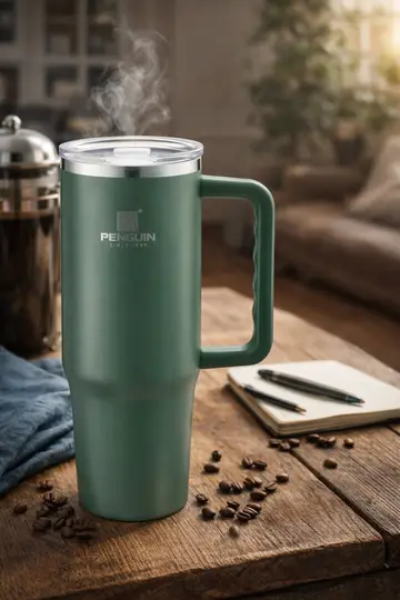 Penguin 1200ml Superior Insulated Travel Tumbler with Handle & Straw Lid in Green, view 5