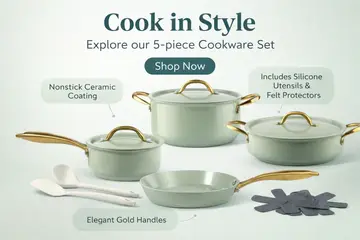 Premium Ceramic Nonstick Cookware Set with Gold Handles in Sage Green, view 5