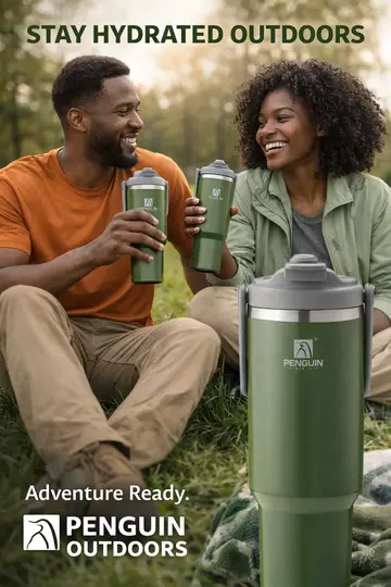 1200ml Penguin Vacuum Insulated Travel Tumbler with Handle - Hot & Cold Car Mug in Army Green, view 2