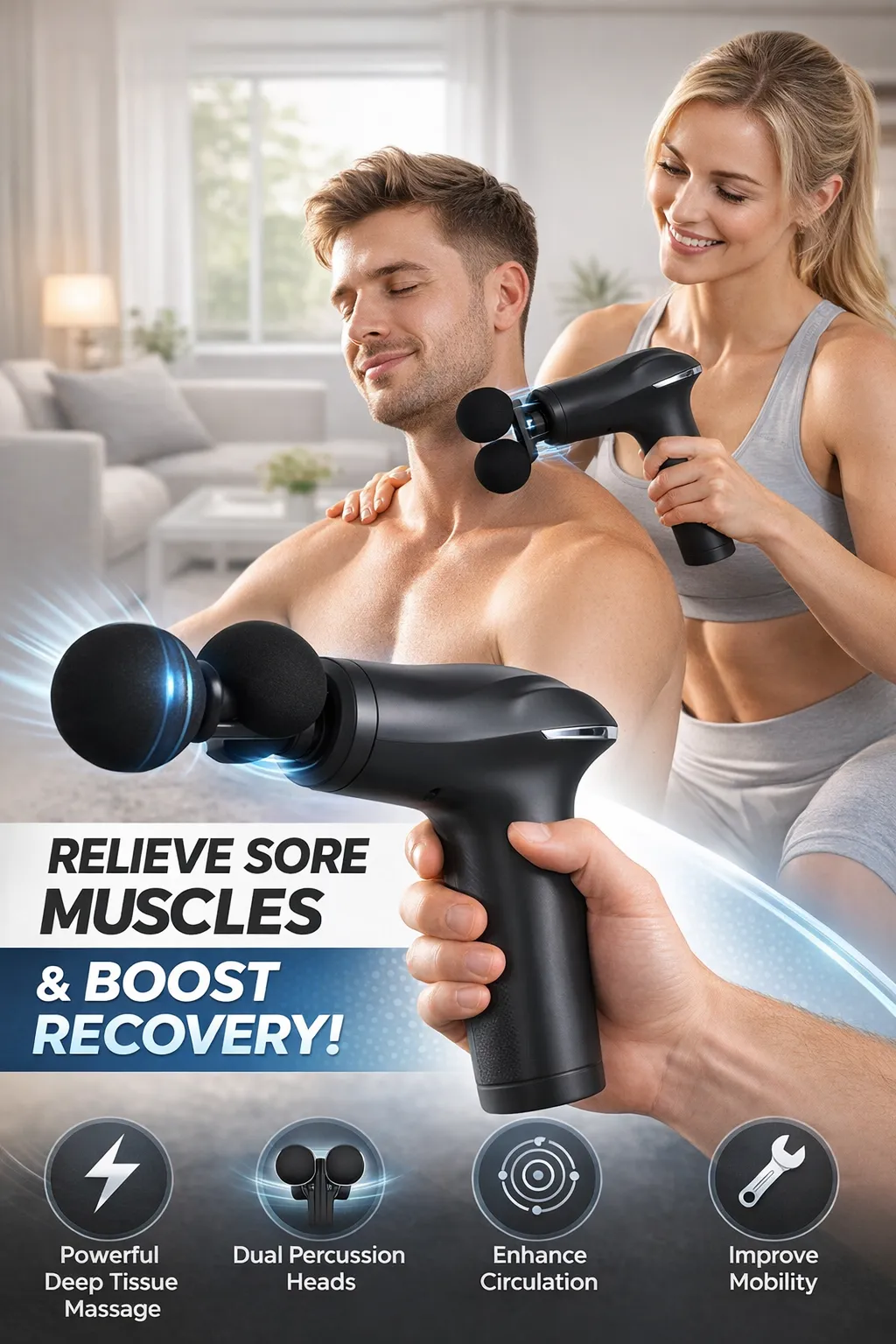 Dual-Head Deep Tissue Percussion Massage Gun in Grey, view 9