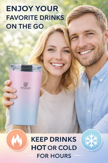 350ml Penguin Stainless Steel Thermal Travel Mug with Dual-Sip Lid in Pink, view 2