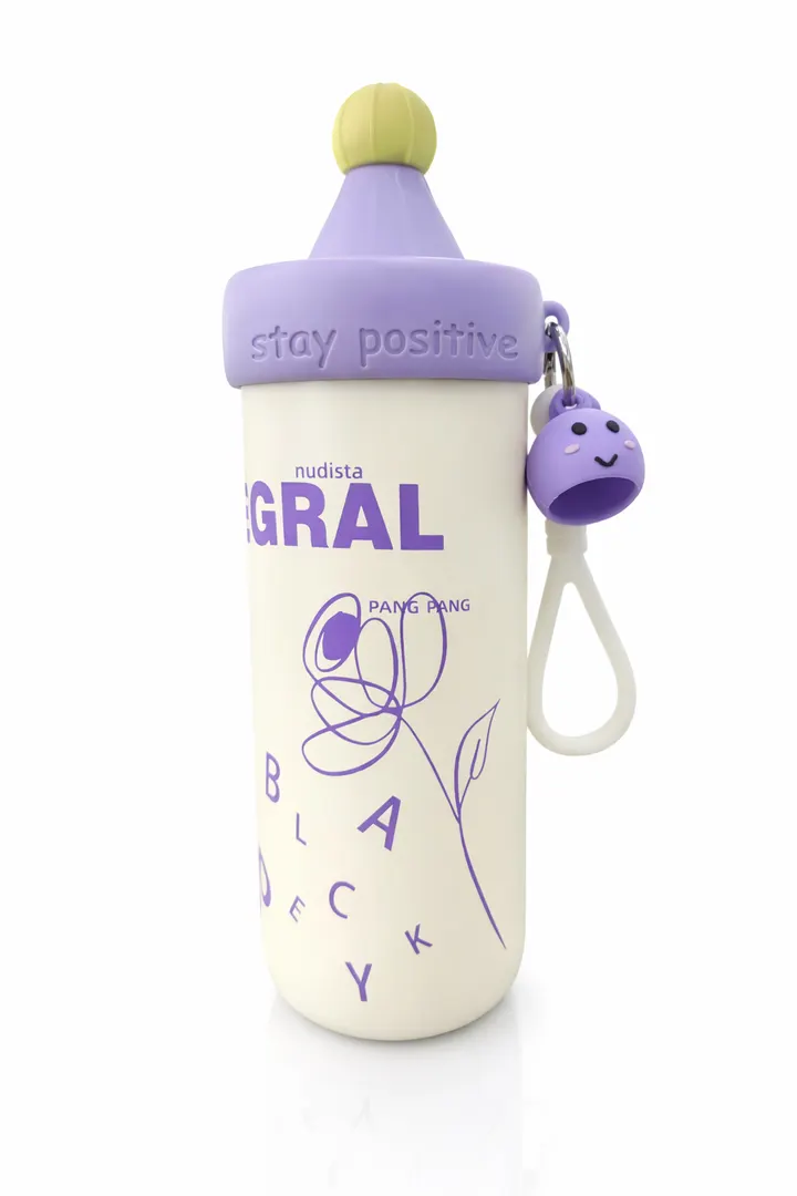Premium 620ml Creative Stainless Steel Water Bottle with Straw & Cute Charm in Purple, view 3