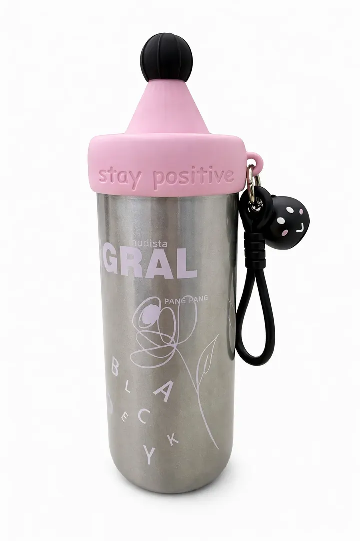 Premium 620ml Creative Stainless Steel Water Bottle with Straw & Cute Charm in Silver, view 2